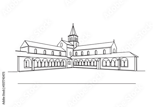 Elegant oneline drawing of a medieval monastery showcasing archi