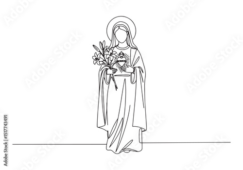 Elegant continuous line drawing of Virgin Mary with lilies illus