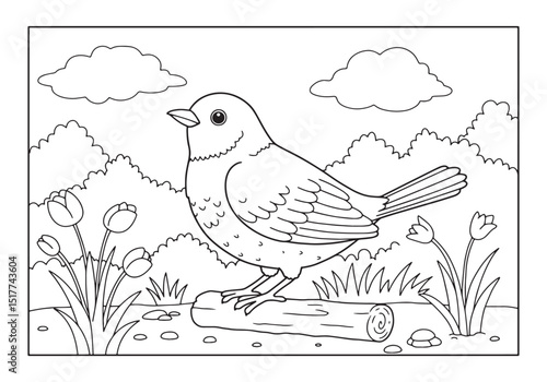 Charming Thrush Coloring Page, A Detailed Black and White Bird I