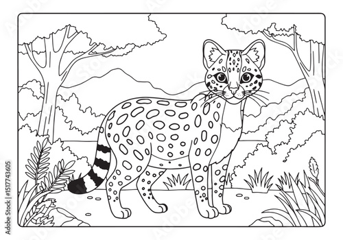 Savannah Cat Coloring Page, Detailed Black and White Illustratio
