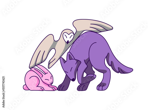 Kids toys with shapes of different animals. Children's statuettes with forms of wolf, owl and hare. Cute figurines to play games in kindergarten. Flat isolated vector illustration on white background