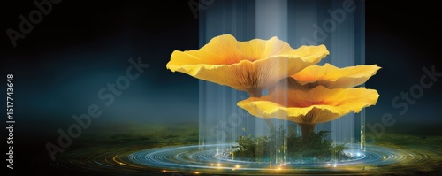 Fungal computing design. Vibrant yellow mushrooms surrounded by cascading water effects.