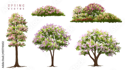  Vector watercolor blooming flower tree or forest side view isolated on white background for landscape and architecture drawing,elements for environment or and garden,green tree for garden section 