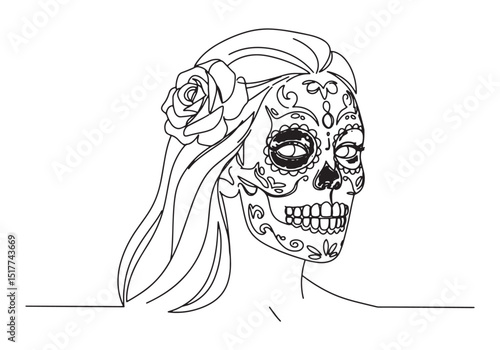 Elegant female sugar skull adorned with rose, captured in contin