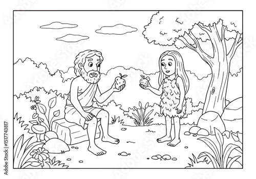 Adam and Eve Coloring Page Black and White Illustration with App