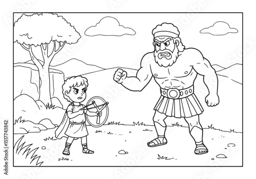 David and Goliath battle in a coloring book illustration, black
