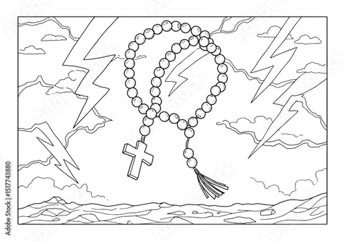 Detailed black and white line art depicting rosary beads amidst