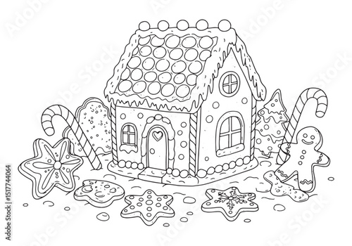 Gingerbread house coloring page for kids and adults in black and