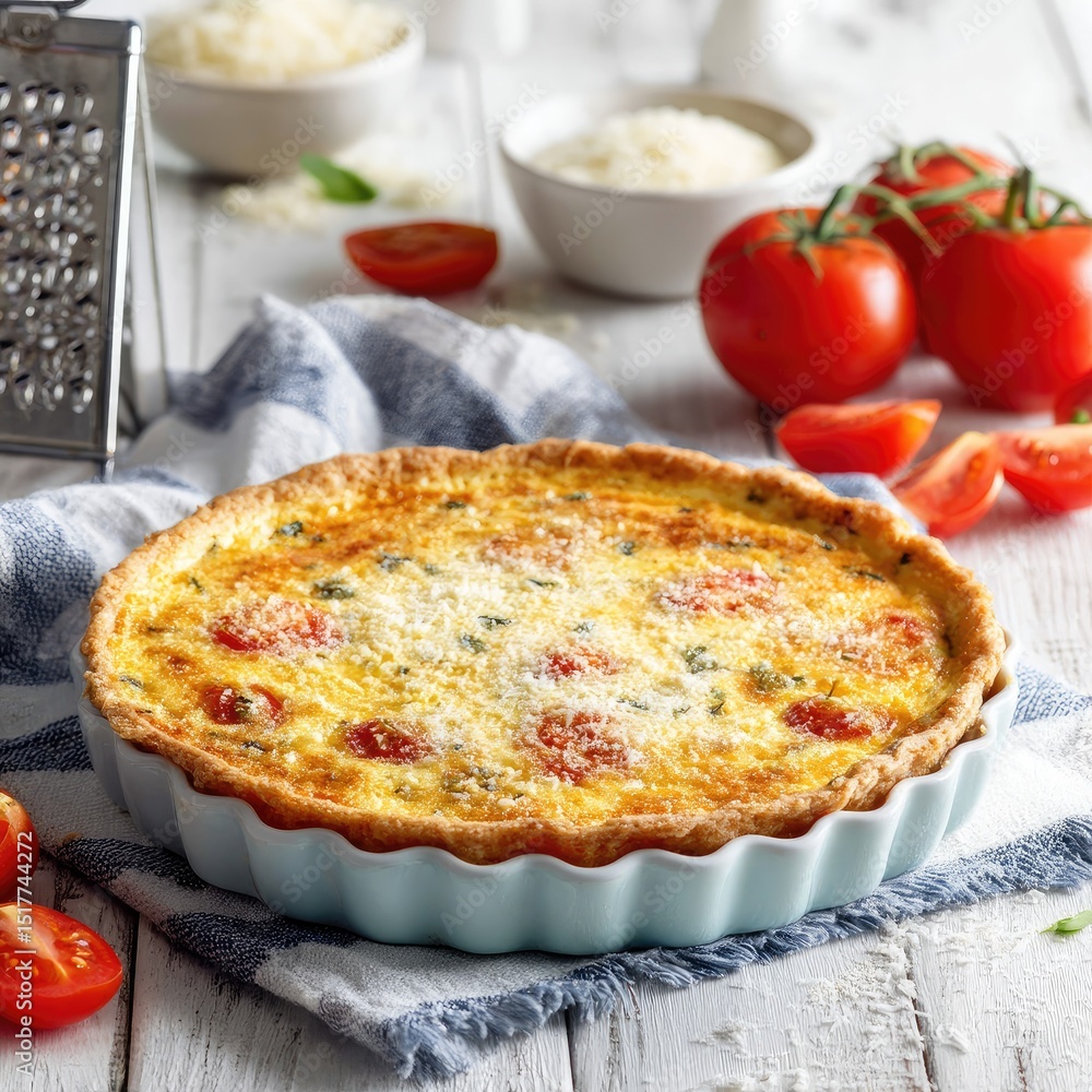 Fresh tomato quiche in light blue pan Fresh tomato quiche in light blue pan