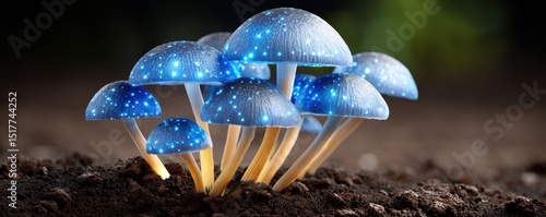 Fungal computing design. Bioluminescent mushrooms glowing in a dark forest setting.