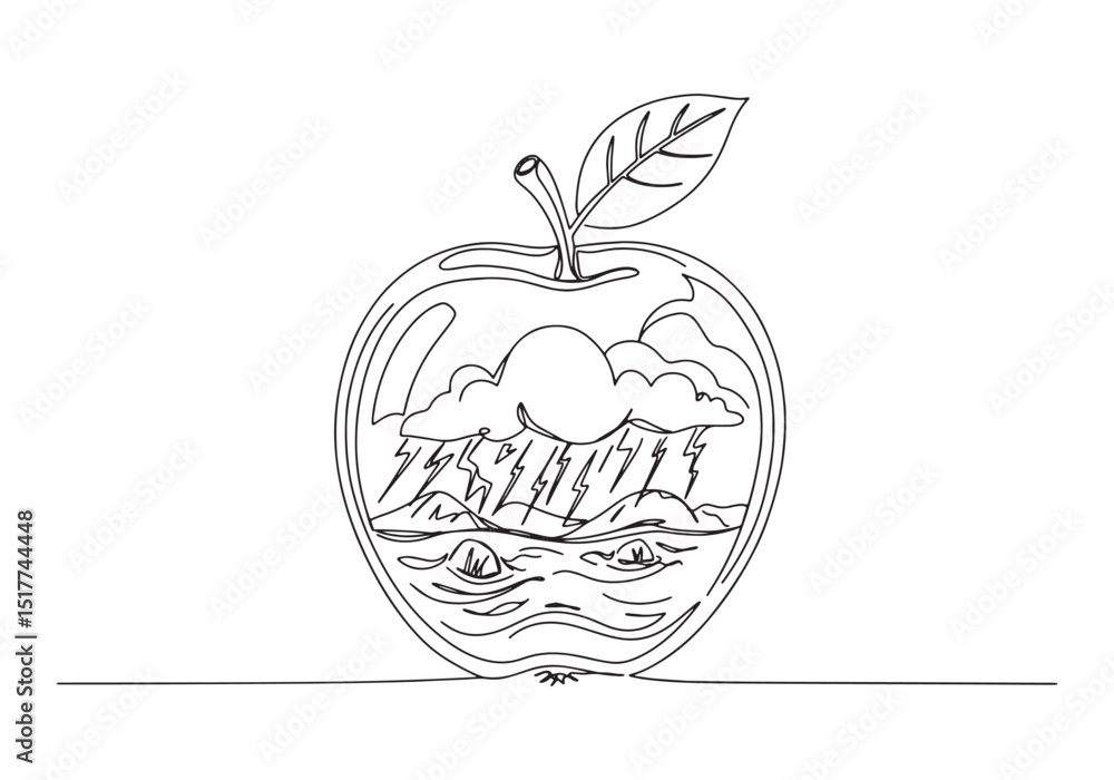 Obraz premium Monochrome continuous line drawing illustration of an apple cont