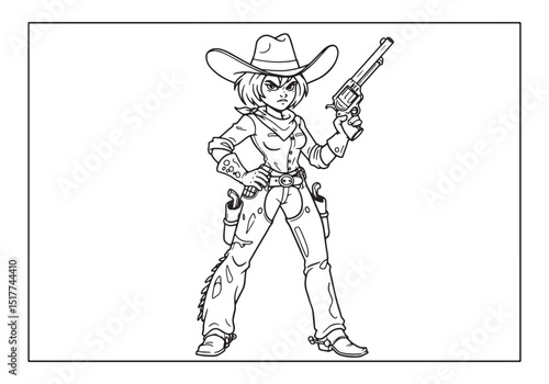 Detailed black and white line art of a female cowboy ready for c