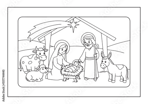 The Nativity Scene, A Detailed Coloring Book Illustration of the