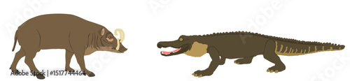 Ambush crocodile hunt attack babirusa vector illustration isolated. Survivor watering place battle reptile against deer pig animal. Predator carnivore alligator lurking prey. Caiman hunting Babyrussa.