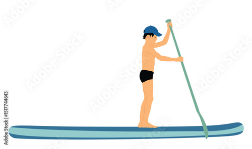 Little boy riding sup board on water vector illustration isolated. Swim suit kid surfer recreation outdoor. Bikini sport son standing with paddle on board sea summer enjoy . Active family recreation. 