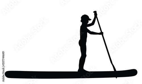 Little boy riding sup board on water vector silhouette isolated. Swim suit kid surfer recreation outdoor. Bikini sport son standing with paddle on board sea summer enjoy . Active family recreation. 