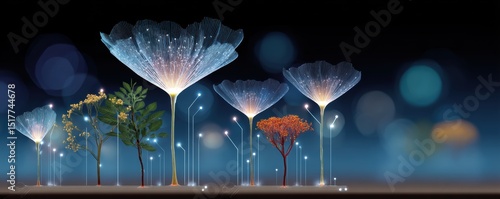 Fungal computing design. Illuminated artistic trees against a dark blue background.