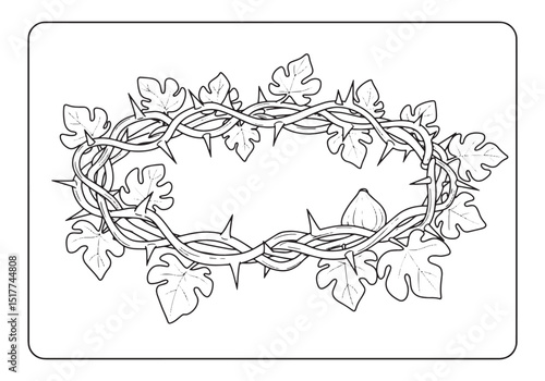 Crown of Thorns Coloring Page, Black and White Illustration of J