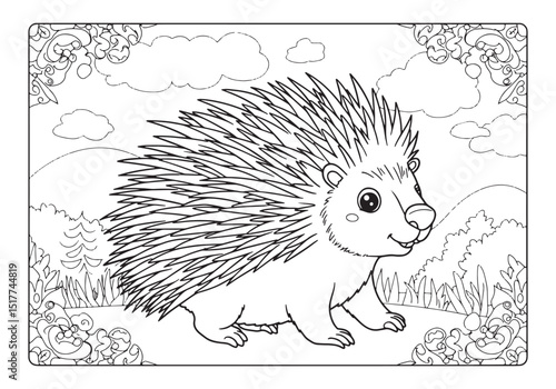 Delightful Porcupine in Whimsical Coloring Book Illustration Bla
