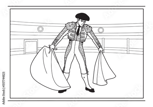 Vintage 1992 Black and White Matador Illustration for Coloring B