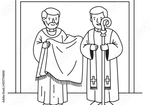 Detailed line art of priests in ceremonial attire ready for colo