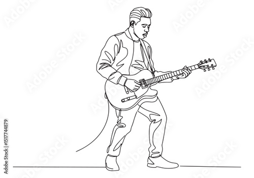 Elegant minimalist line drawing of a male guitarist performing l
