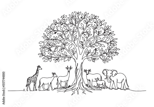 Continuous Line Drawing of Eden Animals Gathering Under a Tree 1