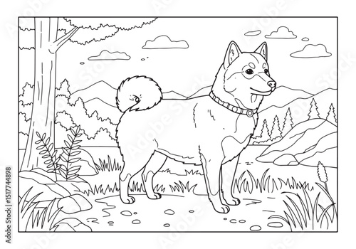 Norwegian Lundehund outline in a scenic coloring page illustrati