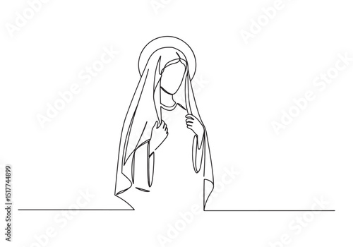 Minimalist continuous line drawing of virgin mary with halo illu