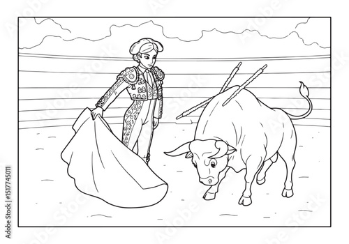 Female Matador Facing Bull in Coloring Book Style Black and Whit