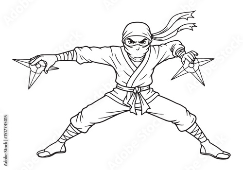 Vintage 1980s Ninja Warrior Coloring Page Illustration with Thro
