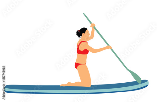 Woman riding sup board on water vector illustration isolated. Swim suit lady surfer recreation outdoor. Bikini sport girl on knees with paddle on board sea summer enjoy . Active female recreation. 