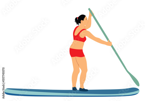 Woman riding sup board on water vector illustration isolated. Swim suit lady surfer recreation outdoor. Bikini sport girl standing with paddle on board sea summer enjoy . Active female recreation. 