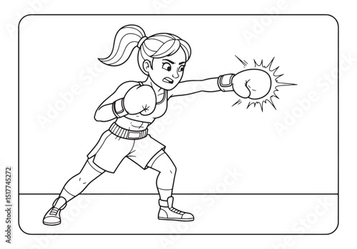 Detailed Coloring Page of a Determined Female Boxer Punching Har