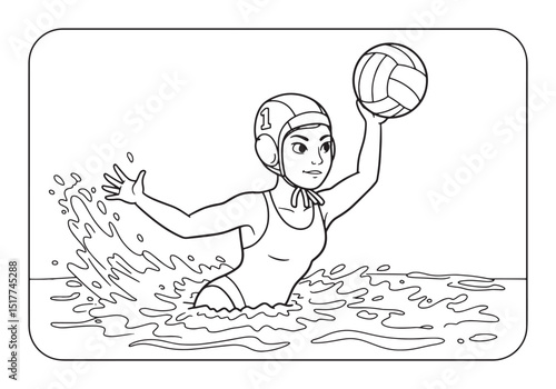 Female water polo player in action coloring book illustration bl