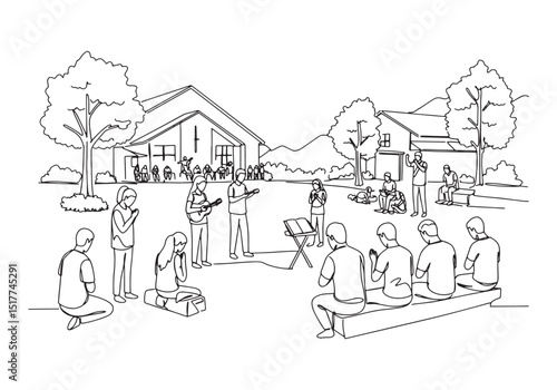 Youth Retreat Gathering in Continuous Line Drawing Black and Whi