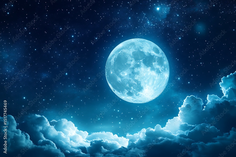 A full moon shines brightly in the night sky, surrounded by twinkling stars and swirling clouds A full moon shines brightly in the night sky, surrounded by twinkling stars and swirling clouds