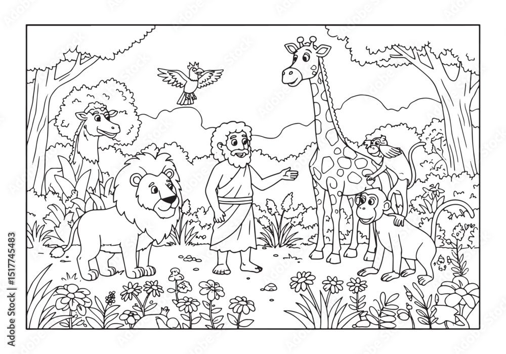 Obraz premium Biblical scene of Adam naming animals in coloring book illustrat