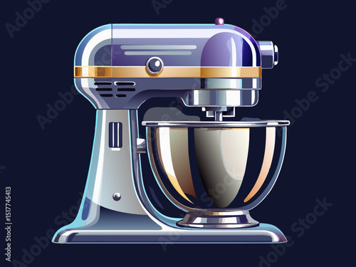 vector of Classic shiny silver kitchen mixer for home cooking, appliance front view, isolated against dark background.