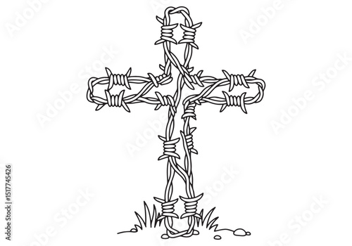 Abstract barbed wire cross illustration on white background