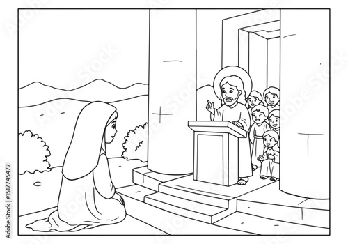 Black and white line art of Mary watching Jesus preaching to the