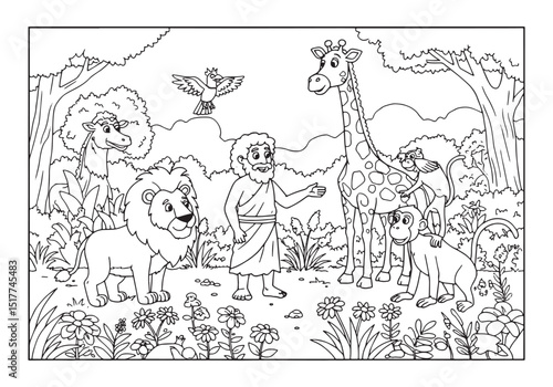 Biblical scene of Adam naming animals in coloring book illustrat