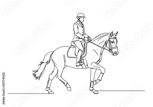 Elegant continuous line drawing of male dressage athlete on hors