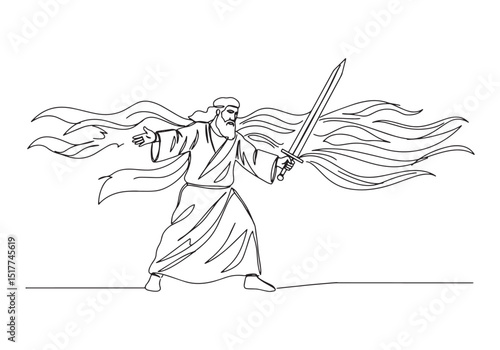 Striking portrayal of Prophet Nahum wielding sword continuous li