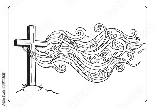Intricate spiritual wind and cross illustration for coloring ent