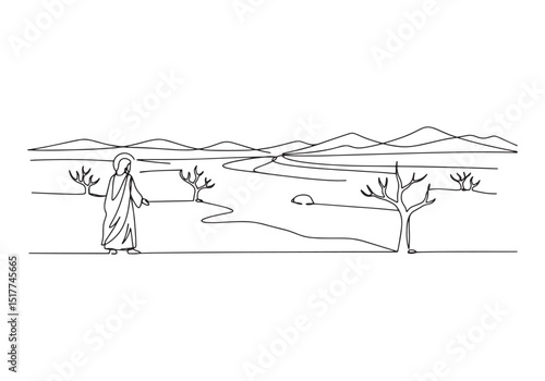 Minimalist one line drawing of Jesus in the desert landscape art