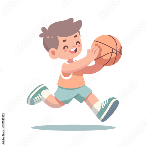 A flat vector illustration of a joyful young boy playing basketball
