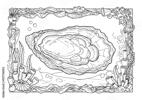 Detailed oyster coloring page with coral and seaweed elements