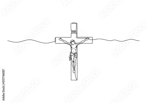 Crucifix one-line drawing symbolizes faith and spiritual connect