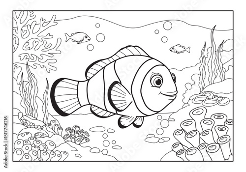 Charming clownfish in a black and white underwater coloring book